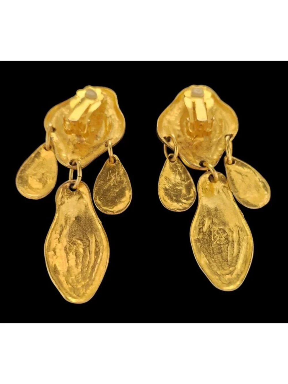 Heavy Brushed Gold Tone Dangle Earrings Swirl Pattern - 1980s Runway Style Bold